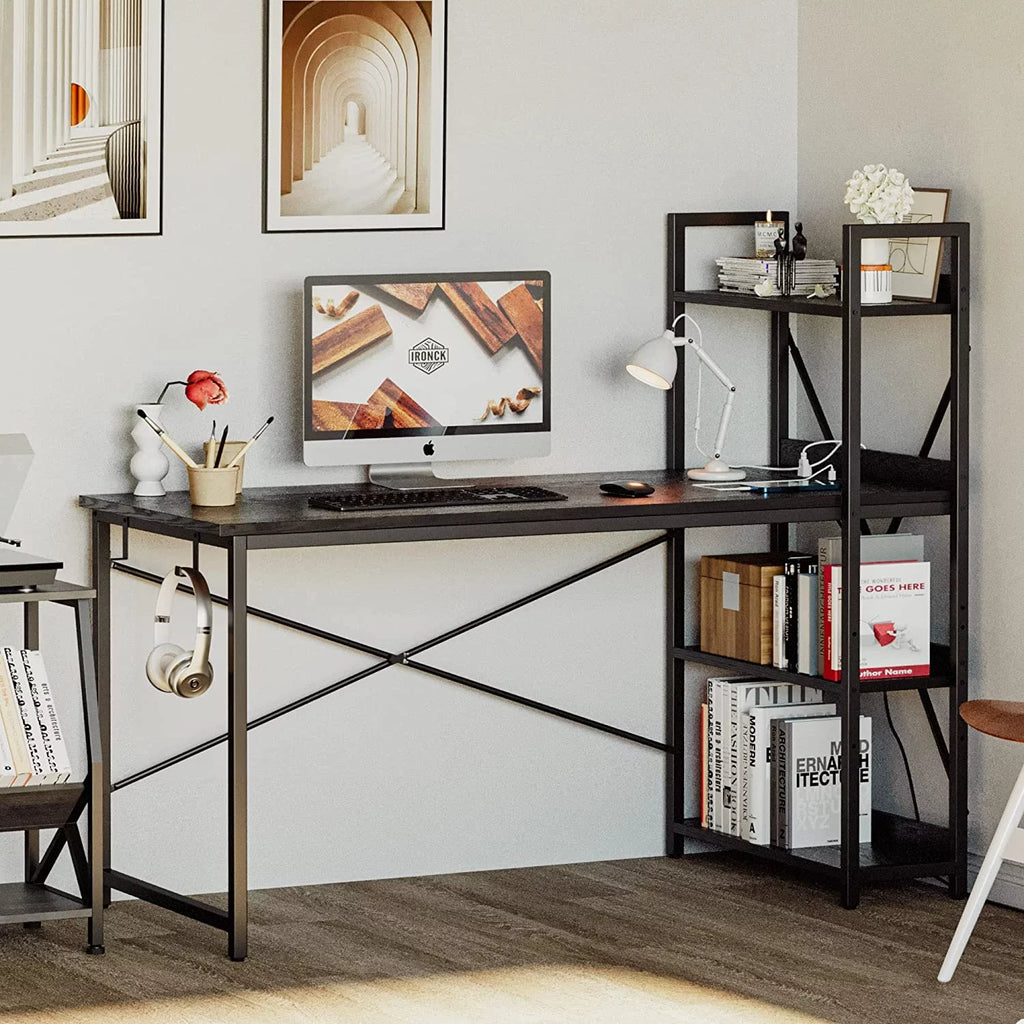 Black Computer Desk with Power Outlet and Storage Shelves A998660