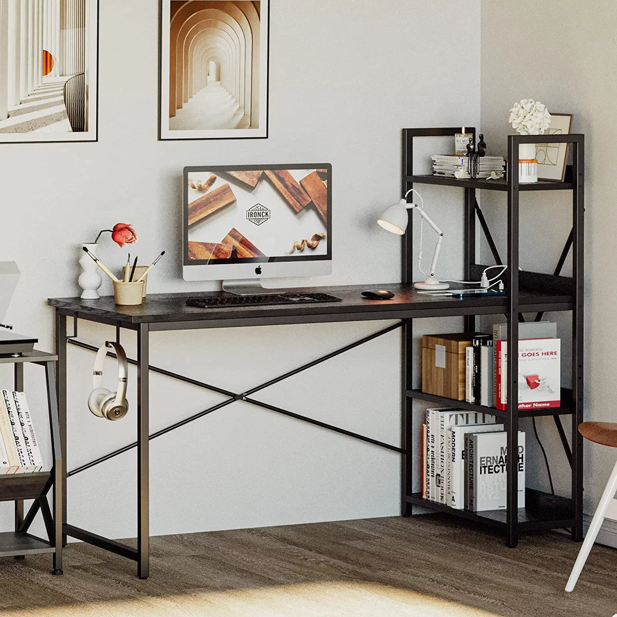 Black Computer Desk with Power Outlet and Storage Shelves A998660