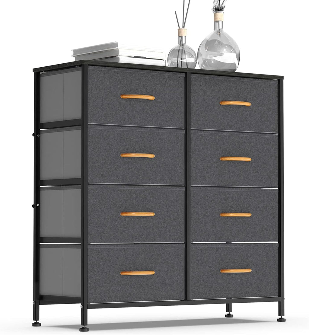 Vertical Dresser Storage Tower, Steel Frame, Wood Top, Fabric Bins, 8 Drawers, Dark Indigo C7002