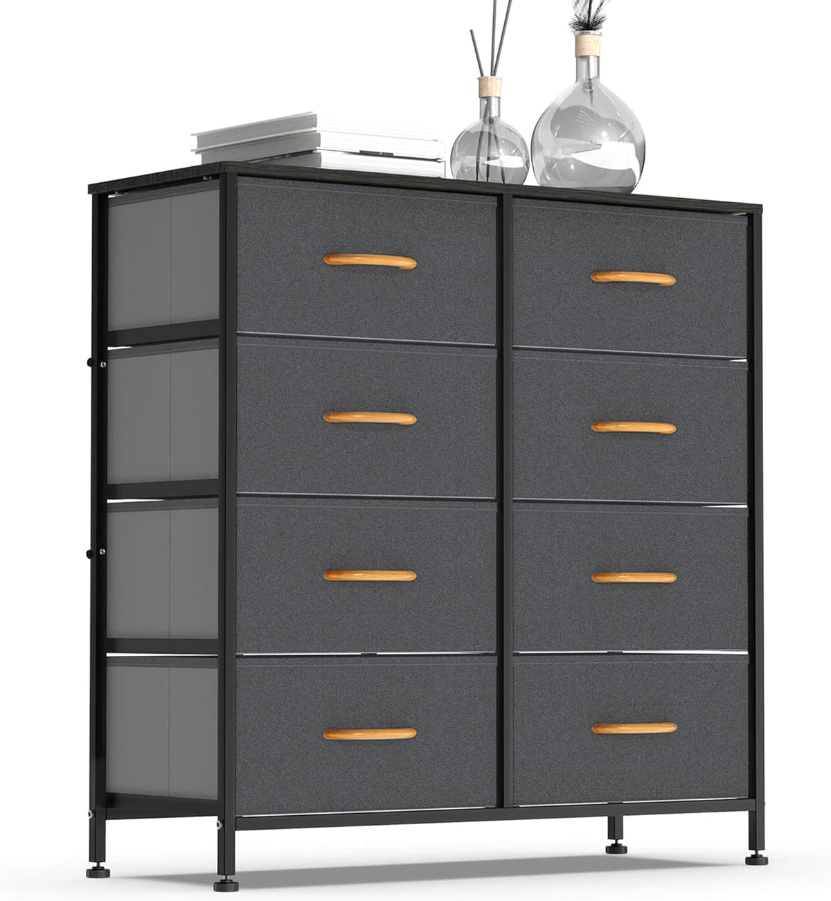 Vertical Dresser Storage Tower, Steel Frame, Wood Top, Fabric Bins, 8 Drawers, Dark Indigo C7002