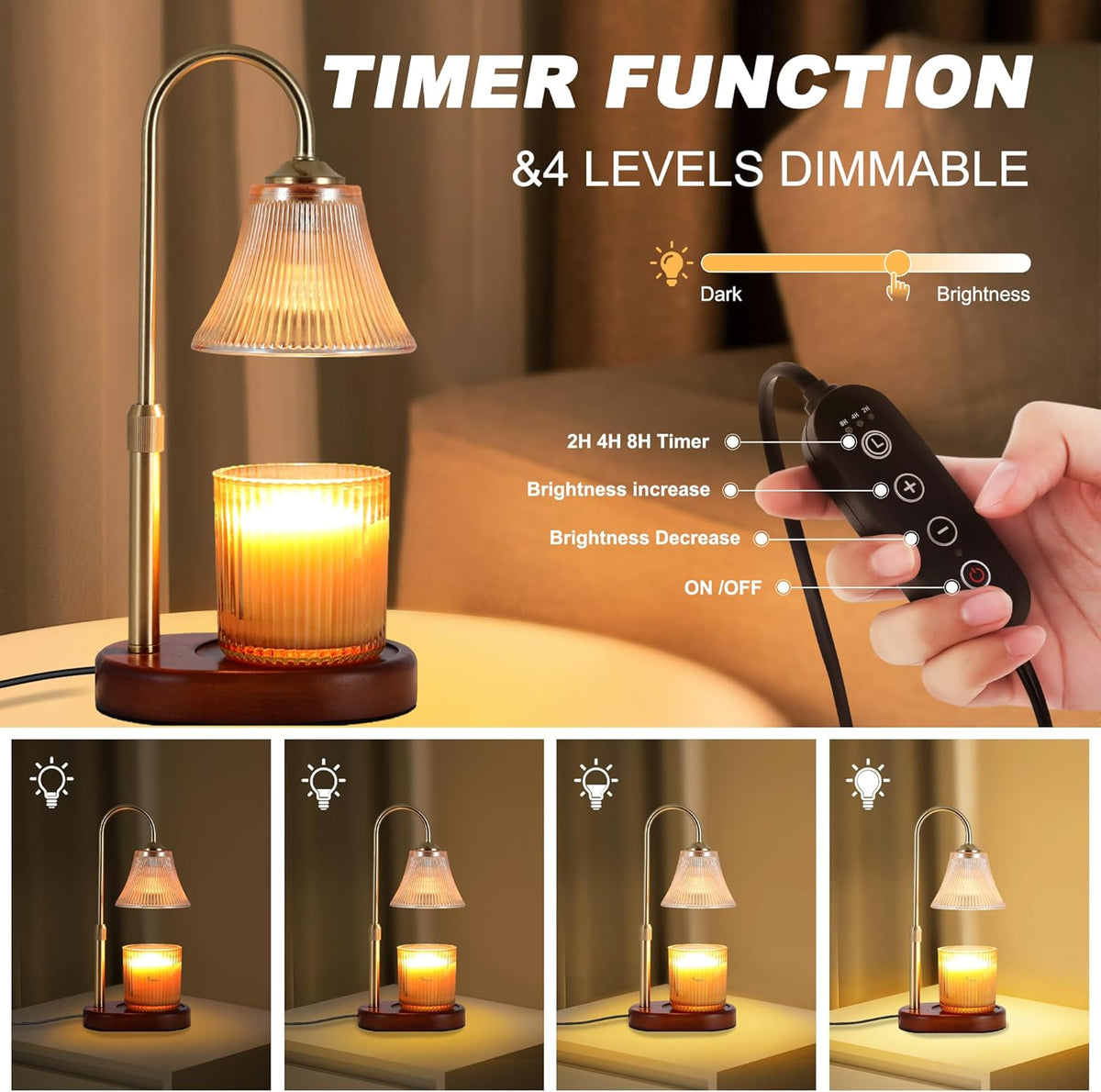 Candle Warmer Lamp with Timer & Dimmer, Electric, Vintage Glass Shade, Gold U941