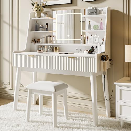 White Vanity Desk with Mirror and LED Lights P2740
