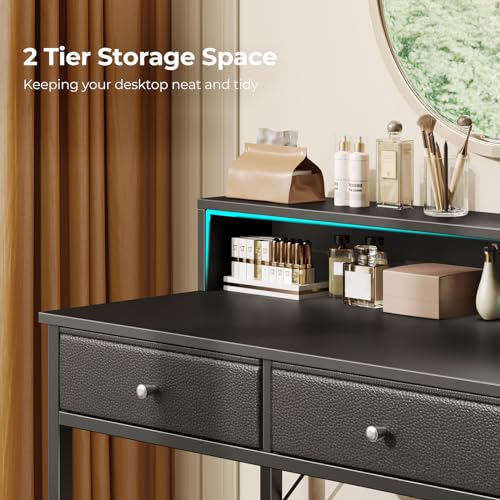 Black Vanity Desk with Drawers and Charging Station U438