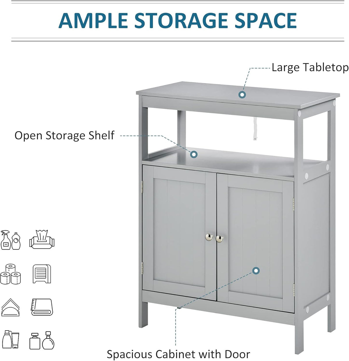 Grey Freestanding Bathroom Storage Cabinet with Doors and Open Shelf E403043