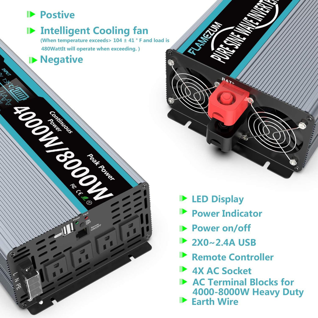 Pure Sine Wave Power Inverter 4000Watt 12V DC to AC 110V with Remote Control 4 AC Outlets Dual USB Port X95567