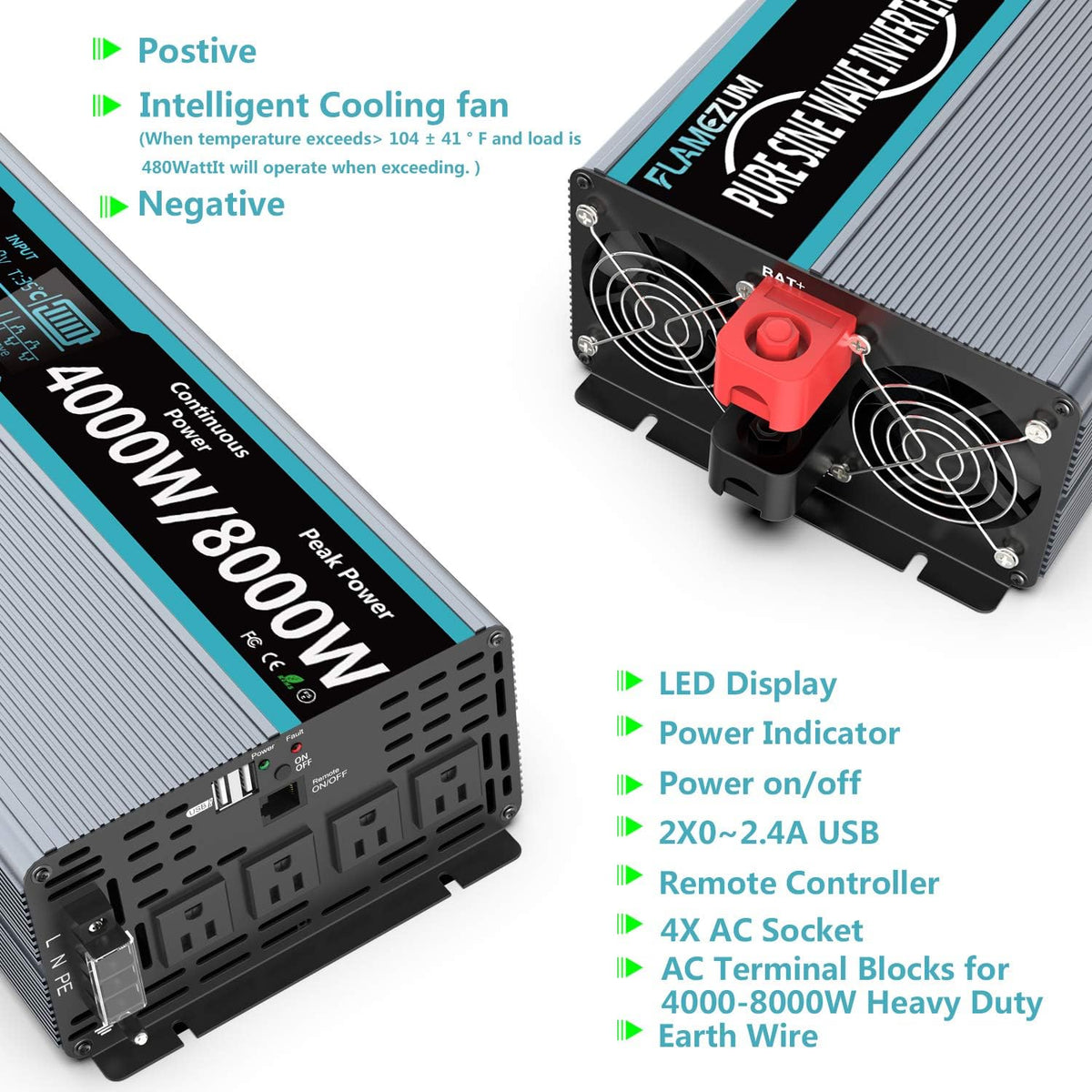 Pure Sine Wave Power Inverter 4000Watt 12V DC to AC 110V with Remote Control 4 AC Outlets Dual USB Port X95567