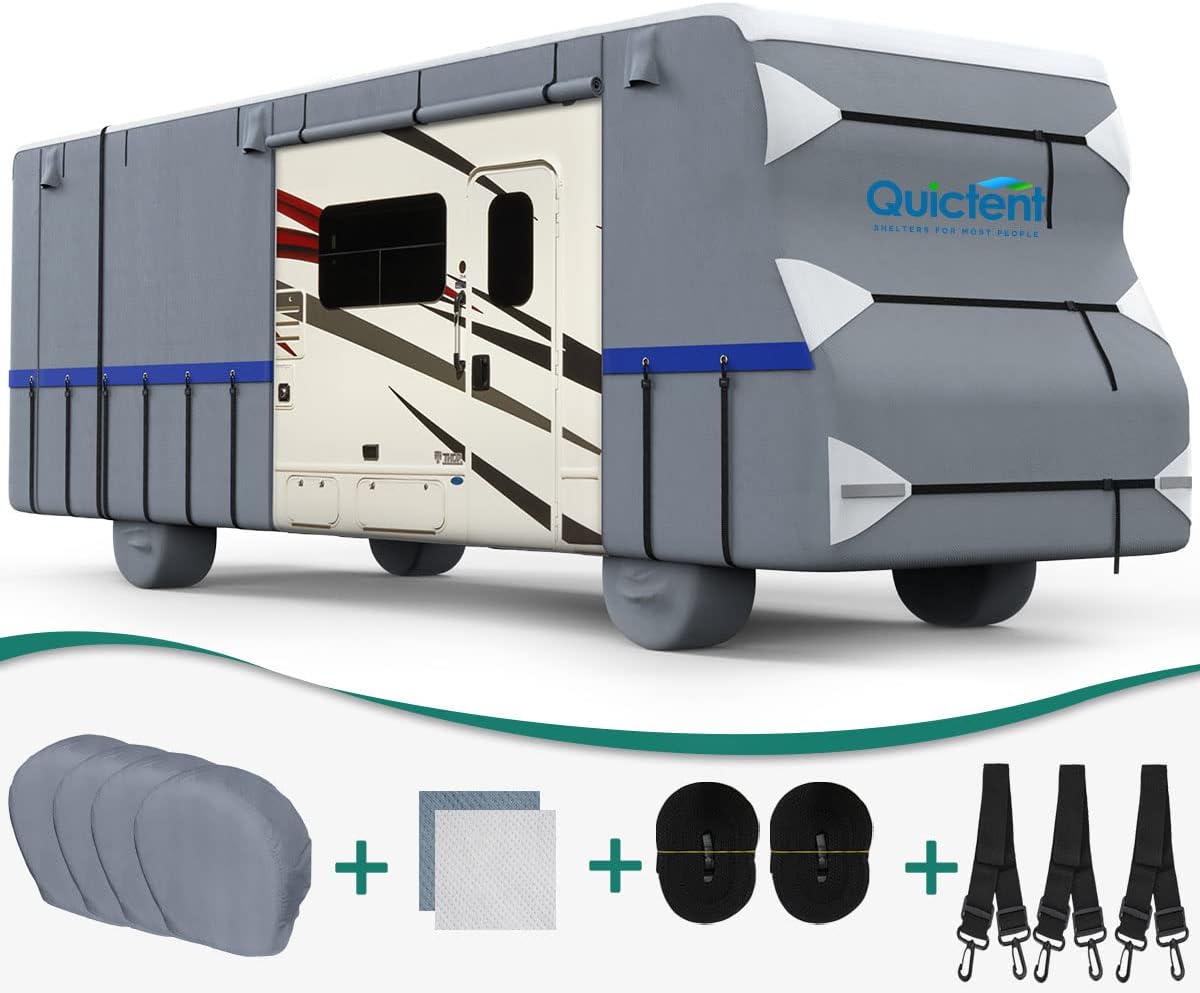 RV Cover, 6-ply Camper Cover, Fits 23-26Ft Motorhome, Breathable Waterproof Rip-Stop Anti-UV with 2 Windproof Straps, 4 Tire Covers T2544