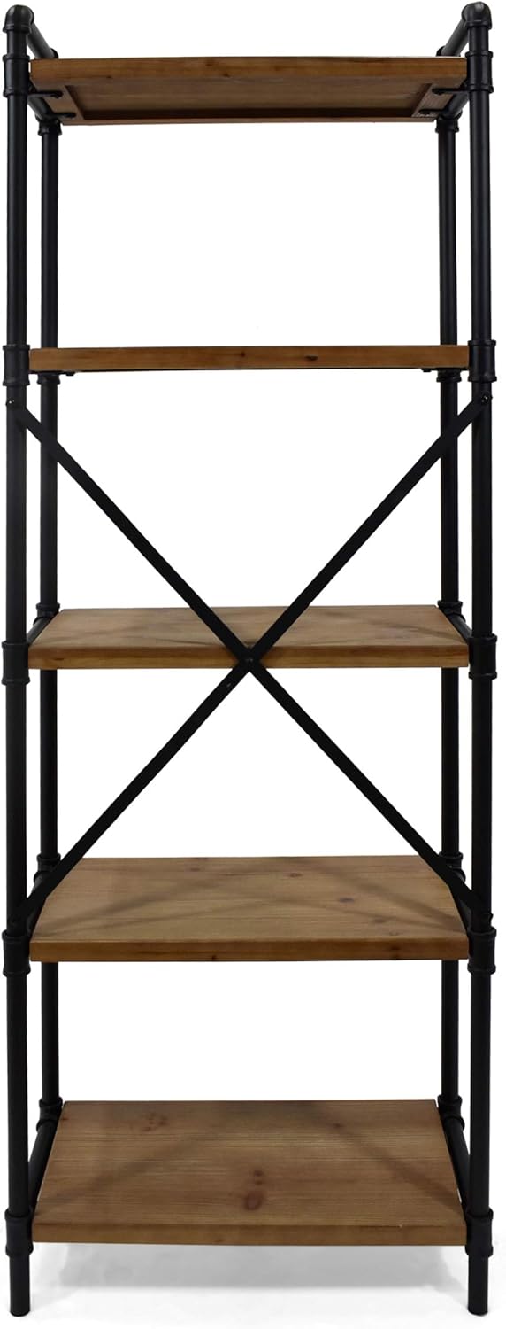 Industrial Iron 5 Shelf Firwood Bookcase, Gray and Pewter Finish H25954