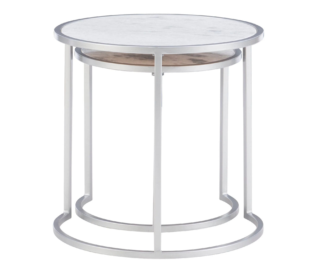 Round Nesting Tables Set of 2 Silver Metal White Marble Tops Y16648