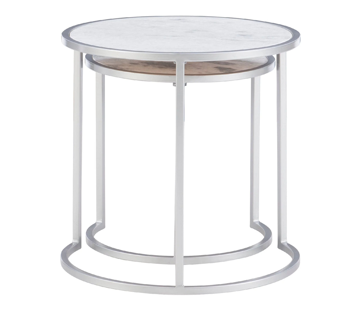 Round Nesting Tables Set of 2 Silver Metal White Marble Tops Y16648