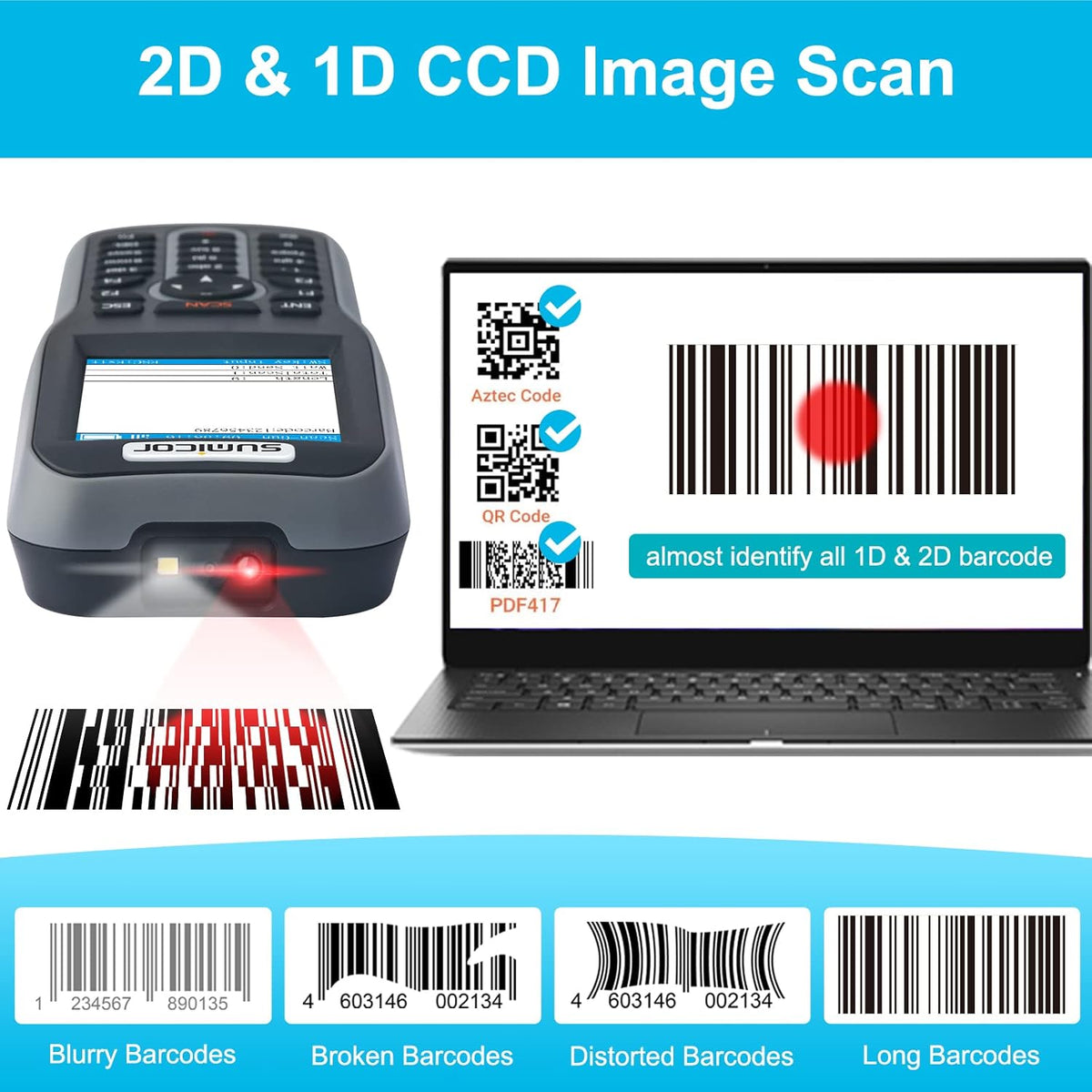 Wireless 2.4 Ghz Handheld Barcode Scanner with 2.8'' HD Screen F9908