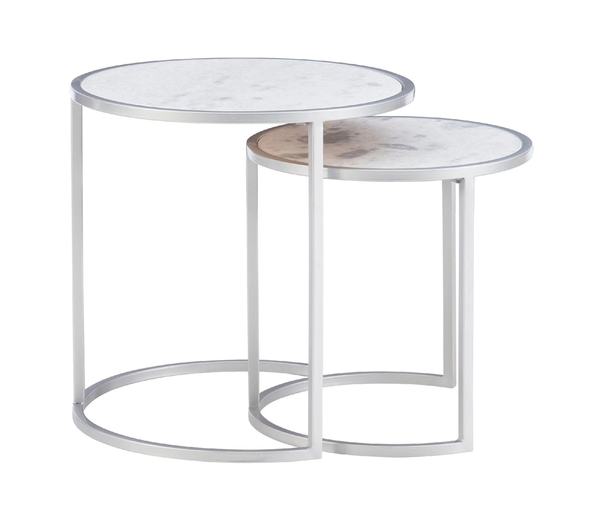 Round Nesting Tables Set of 2 Silver Metal White Marble Tops Y16648