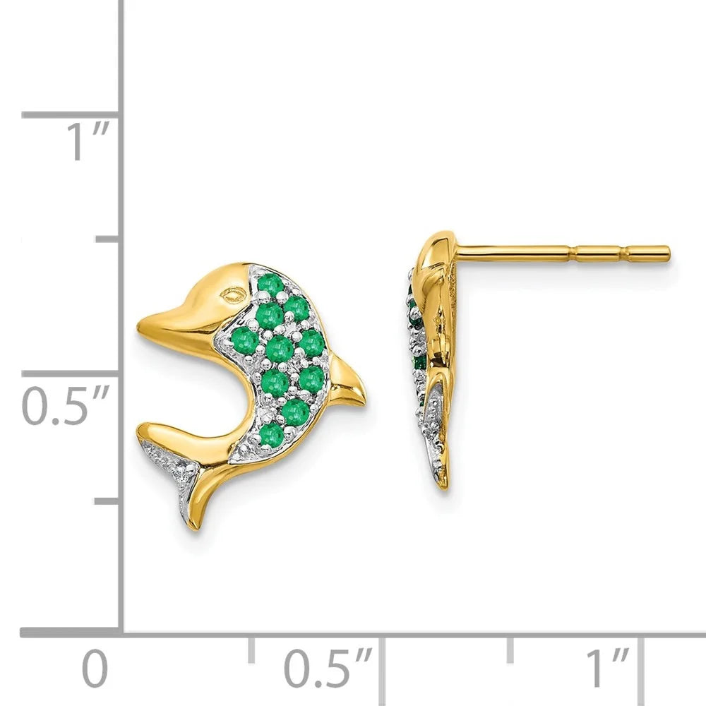 14k Yellow Gold Rhodium Marquise Emerald and Diamond Dolphin Stud Earrings E125