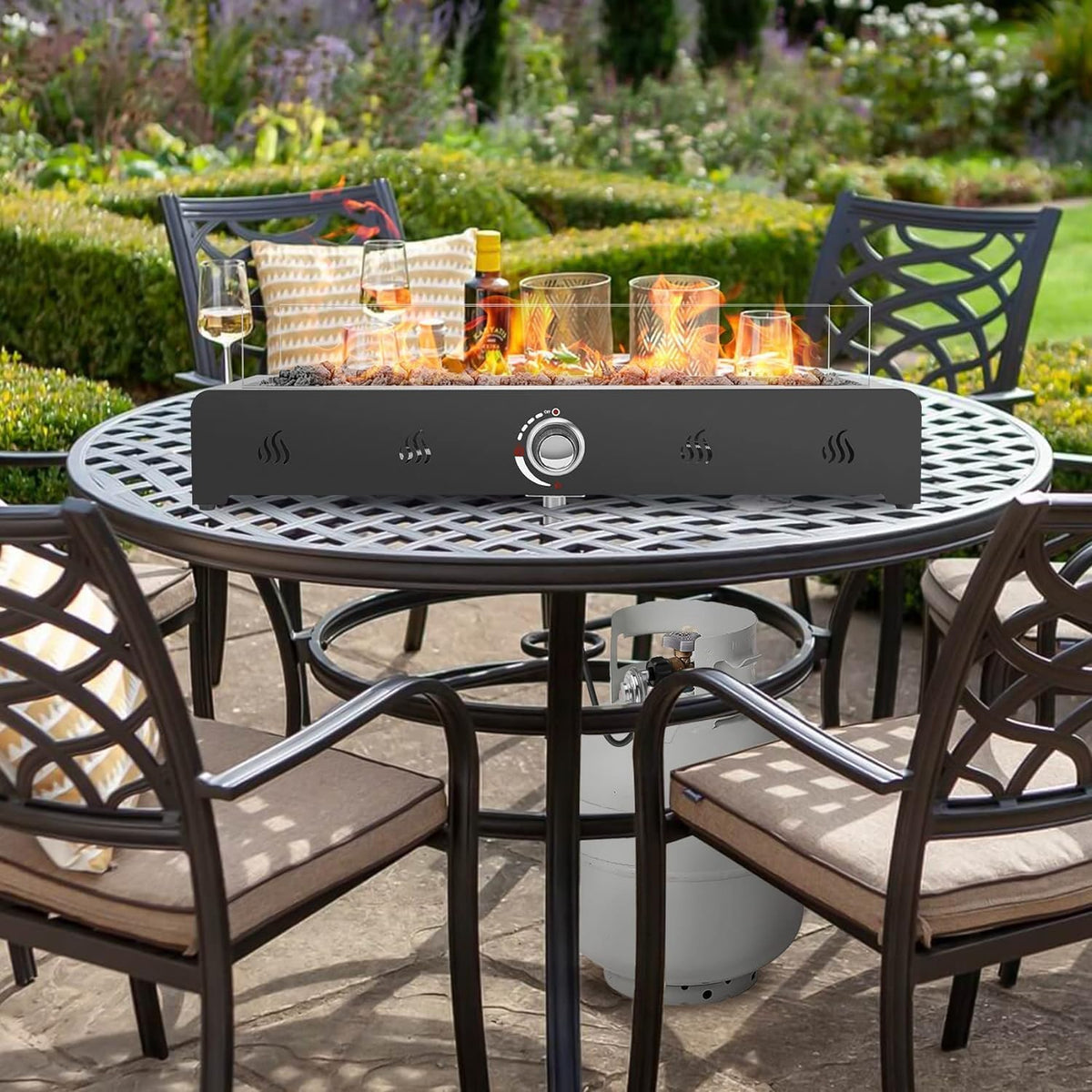 28 Inch Tabletop Gas Fire Pit with Glass Wind Guard and Lava Rock D2745