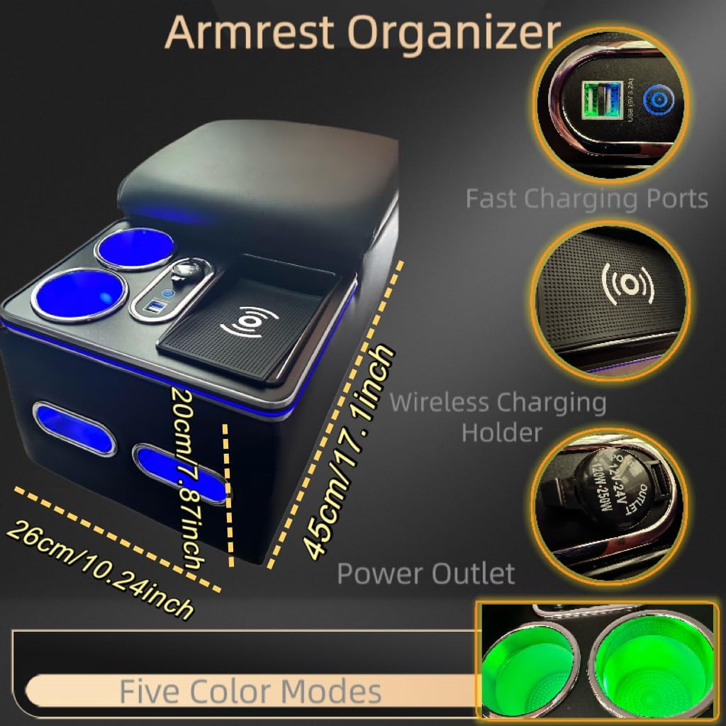 Black Center Console Armrest Organizer with Wireless Charging Phone Holder & Cup Holders A8231