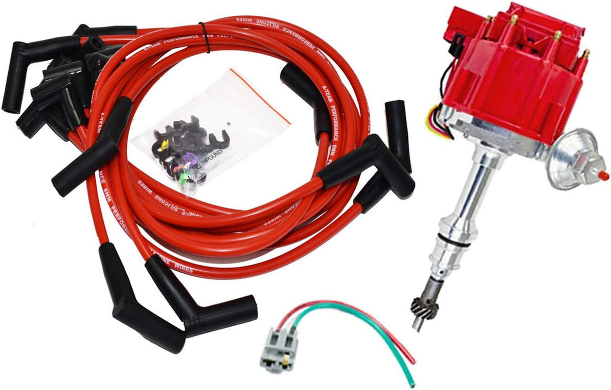 HEI Distributor 65K Volt Blue Cap 8mm Silicone Spark Plug Wires and Pigtail Wiring Harness Kit U791