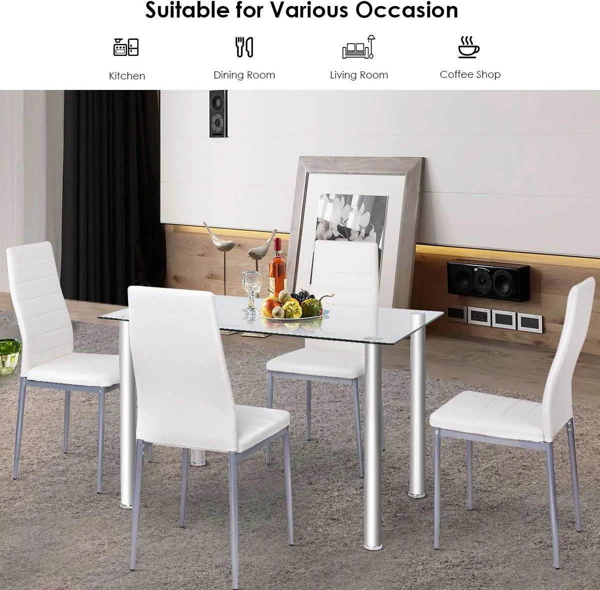 Glass Top Dining Table Set of 4 with PVC Leather Chairs U4151