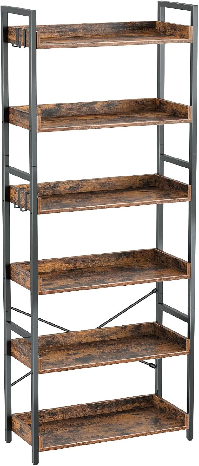 Rustic Brown 6 Tier Wood Bookshelf with 4 Hooks Metal Frame T80000