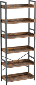 Rustic Brown 6 Tier Wood Bookshelf with 4 Hooks Metal Frame T80000
