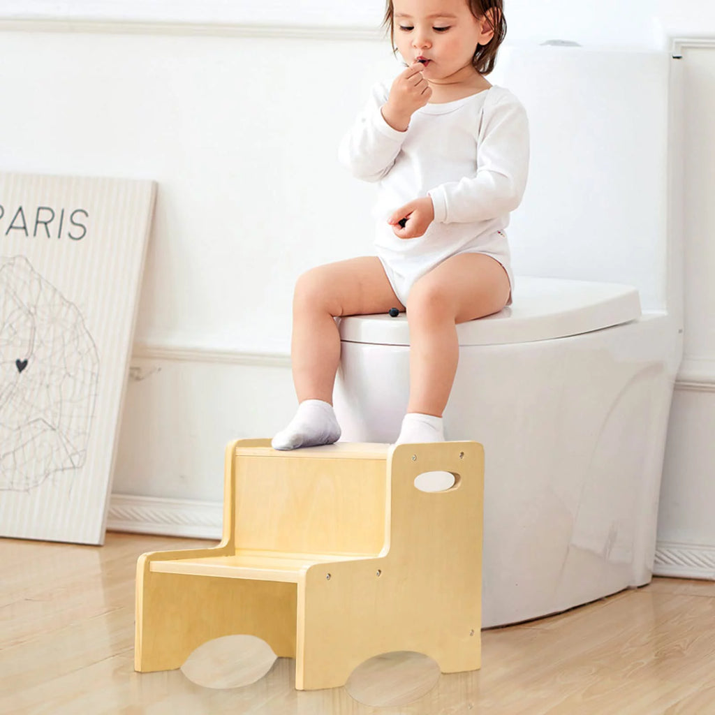 Natural Wooden Two Step Stool with Handles and Non-Slip Pads Q86180