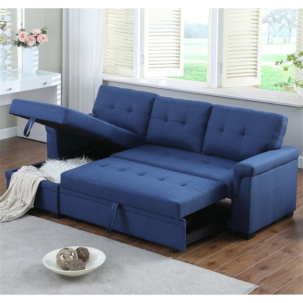 Blue Linen Reversible Sleeper Sectional Sofa with Storage Chaise B5179