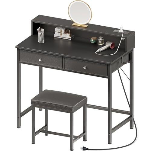 Black Vanity Desk with Drawers and Charging Station U438