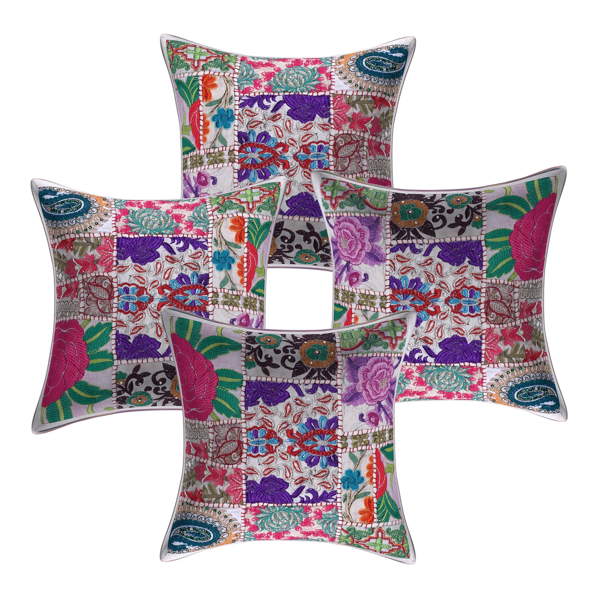 White Cotton 12x12 Bohemian Patchwork Throw Pillow Covers Set Of 4 D46135