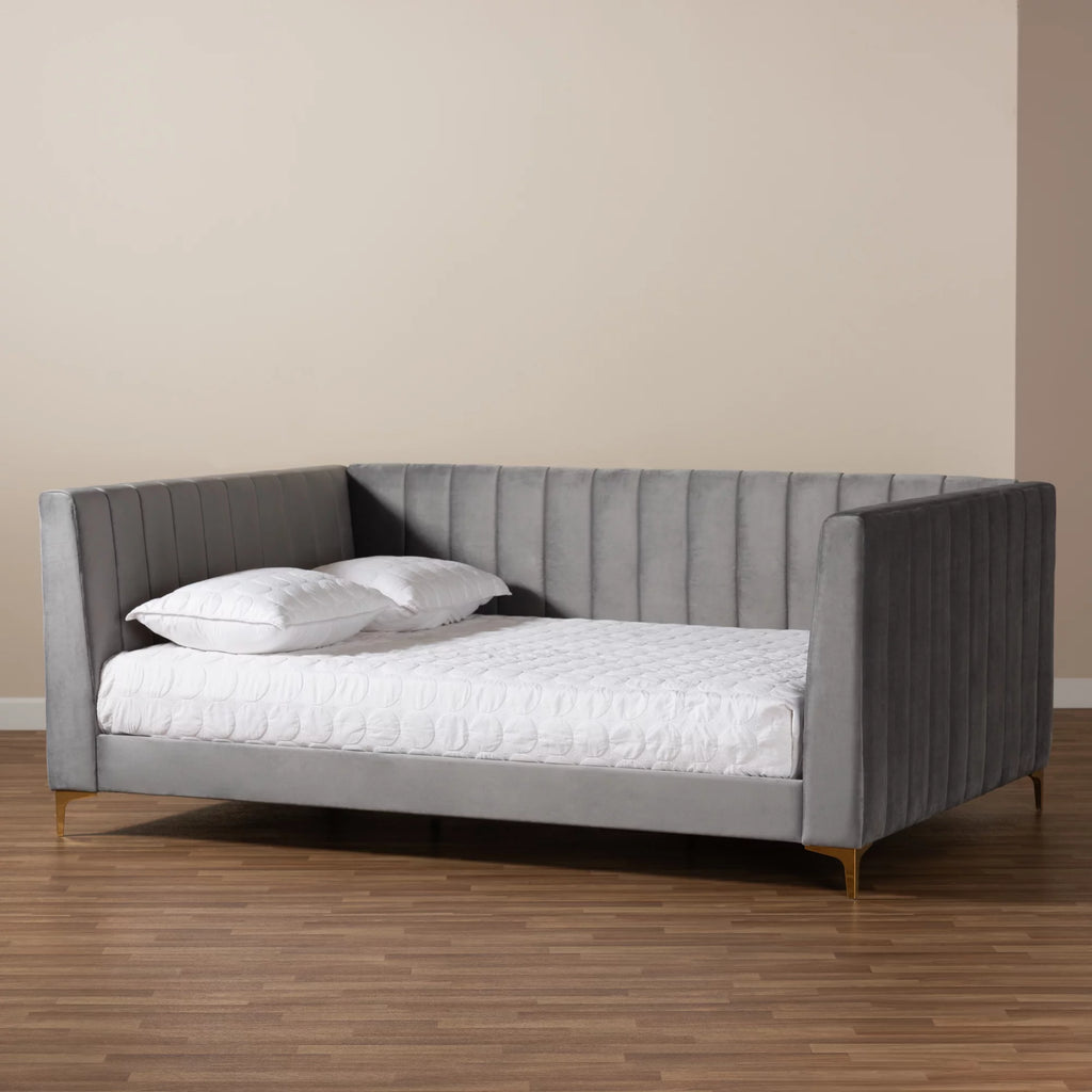 Light Grey Velvet Upholstered Gold Finished Full Daybed Q978628
