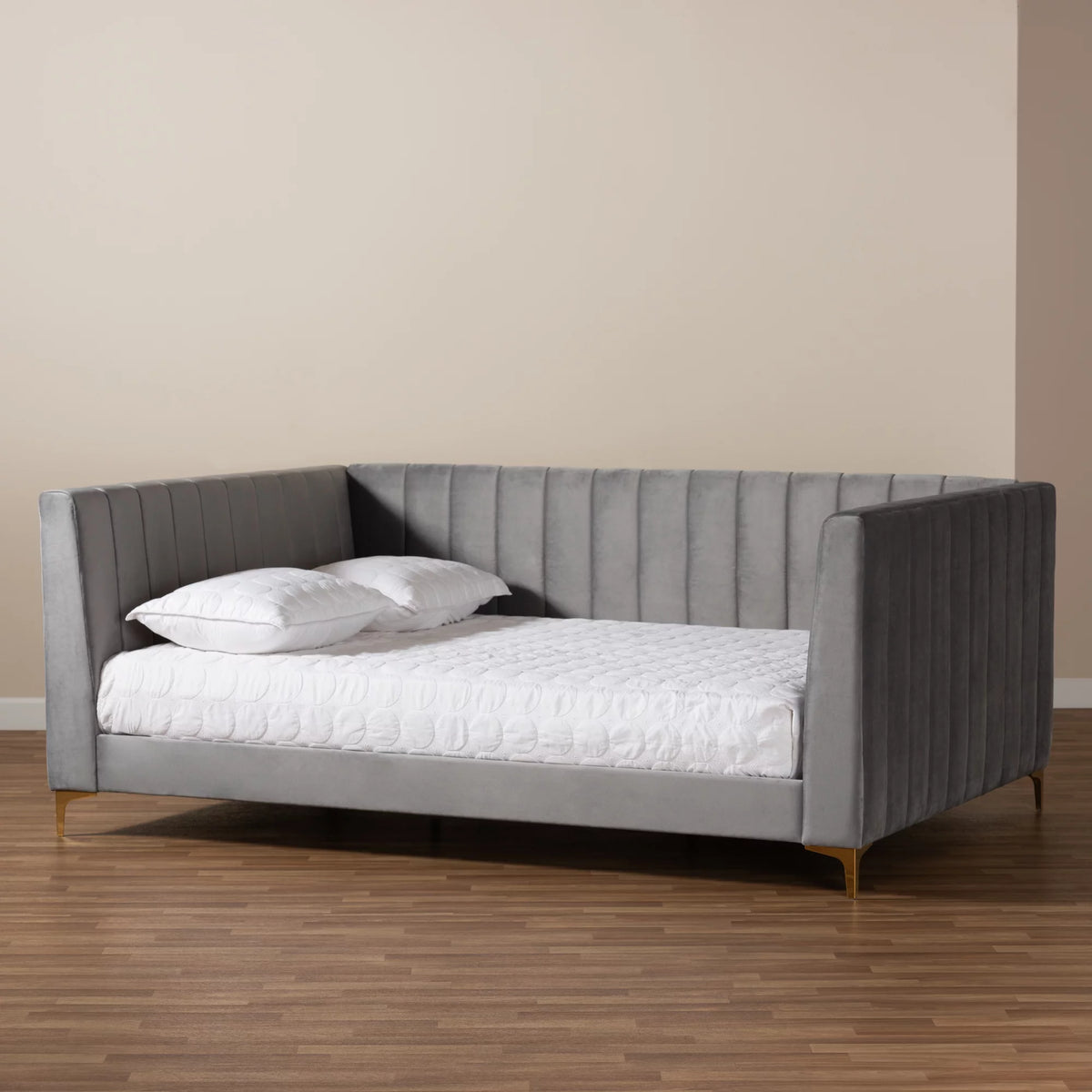 Light Grey Velvet Upholstered Gold Finished Full Daybed Q978628