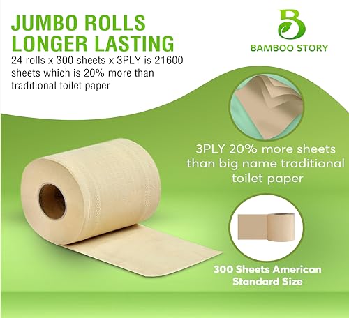 Bamboo Toilet Paper, 3PLY 300 Sheets, Unbleached, Brown Q696584