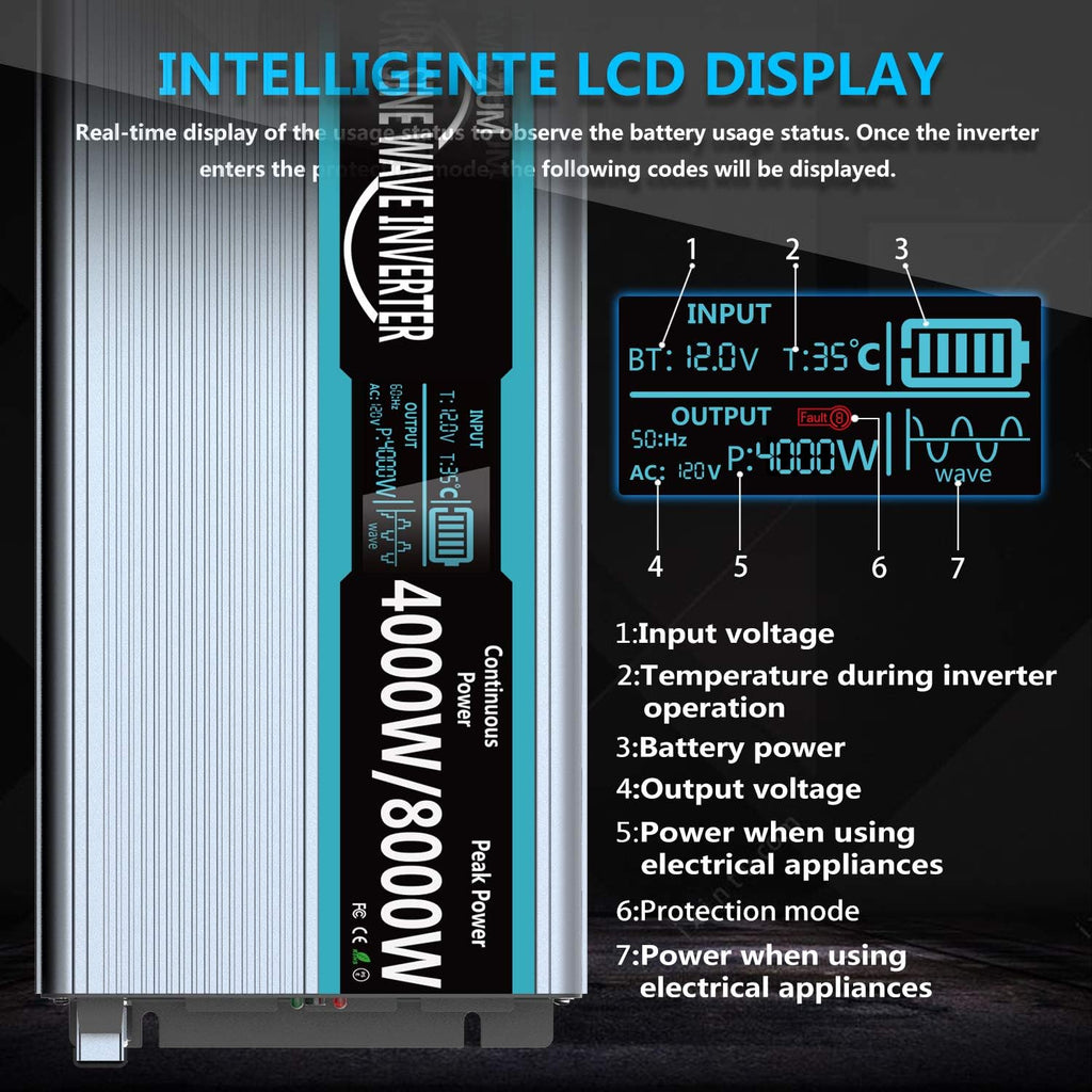 Pure Sine Wave Power Inverter 4000Watt 12V DC to AC 110V with Remote Control 4 AC Outlets Dual USB Port X95567