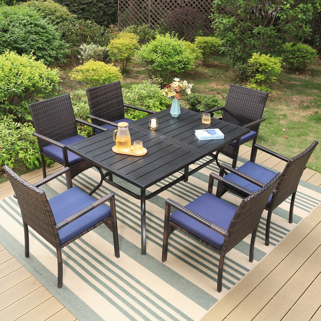 7-Piece Outdoor Patio Dining Set with Metal Table and 6 Rattan Cushioned Chairs R280339