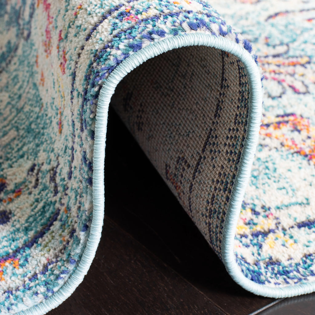 Navy Light Blue Vintage Floral Round Area Rug Y77069