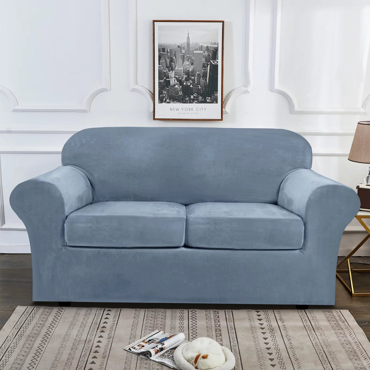 Velvet Plush Sofa Covers Gray Blue 3-Seater N33368