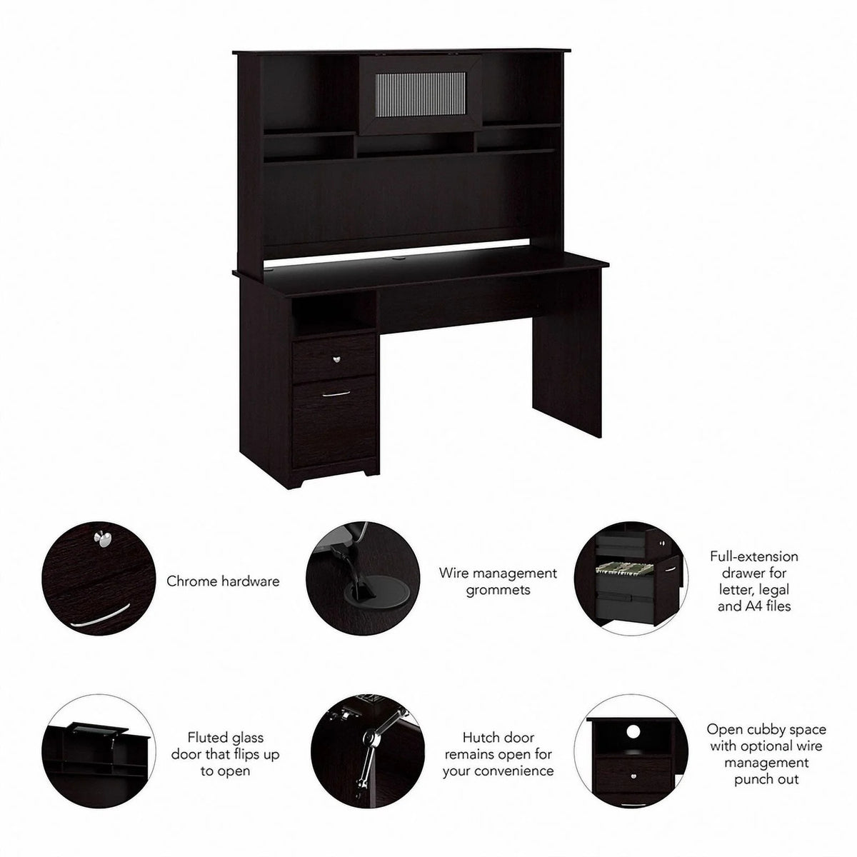 60" Contemporary Wood Desk with Hutch in Espresso Oak Y411