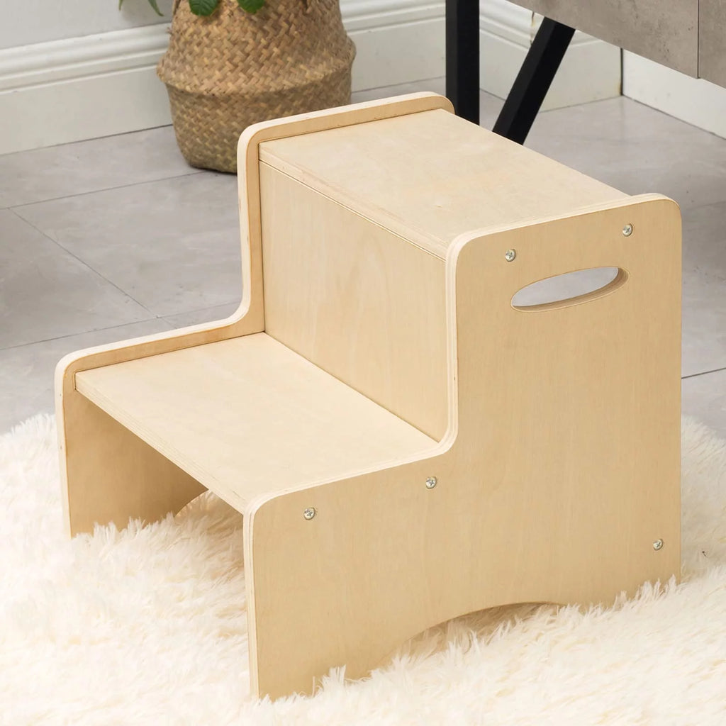Natural Wooden Two Step Stool with Handles and Non-Slip Pads Q86180
