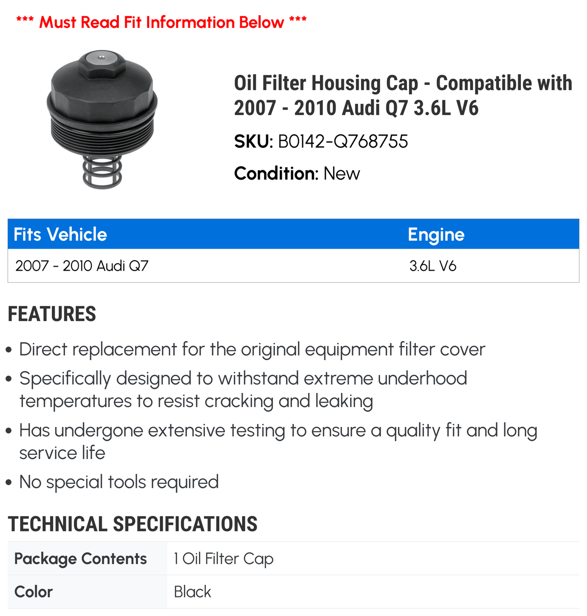 Filter Housing Cap for Audi Q7 3.6L V6 J3359
