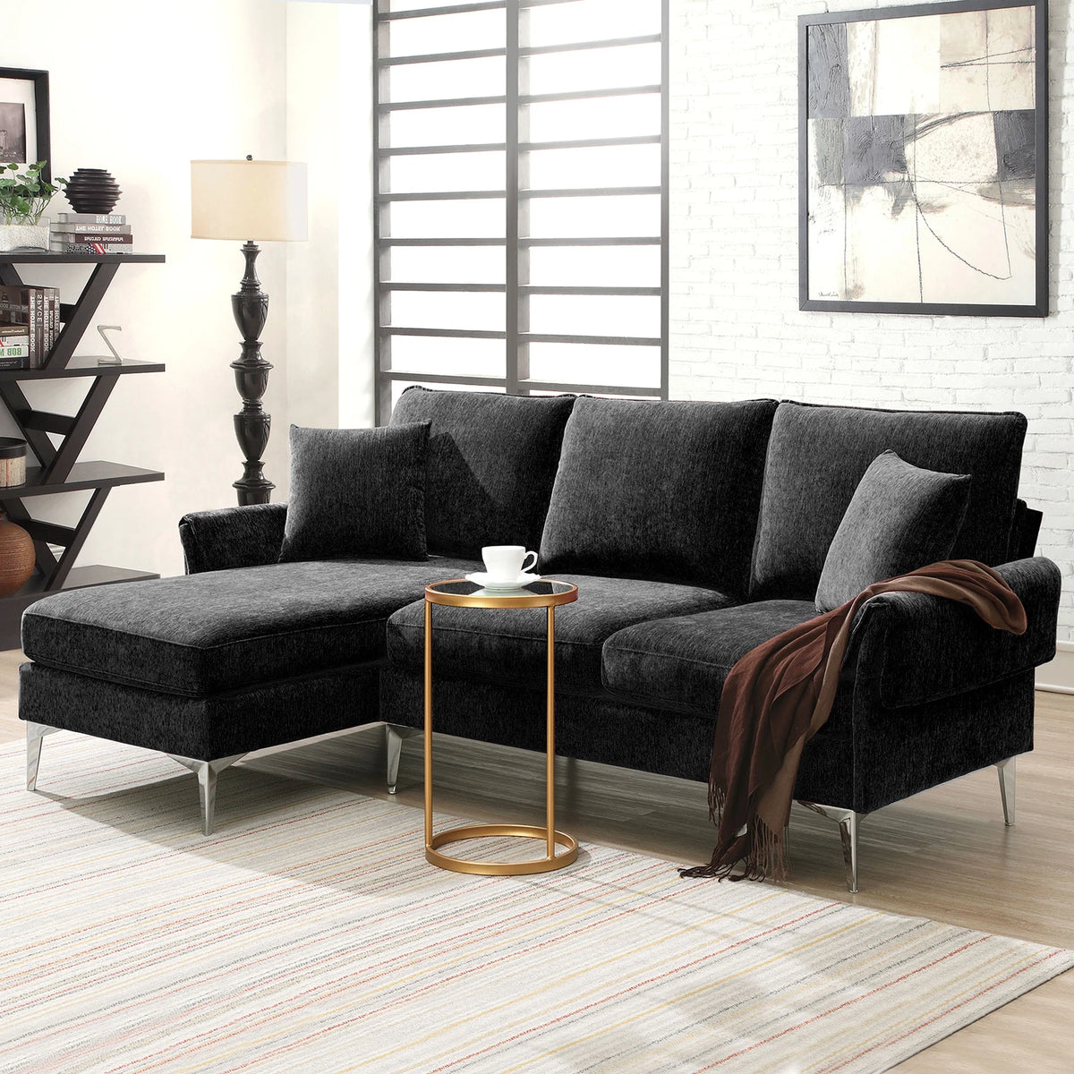 84" Chenille L-Shaped Convertible Sectional Sofa with Reversible Chaise Lounge O121516