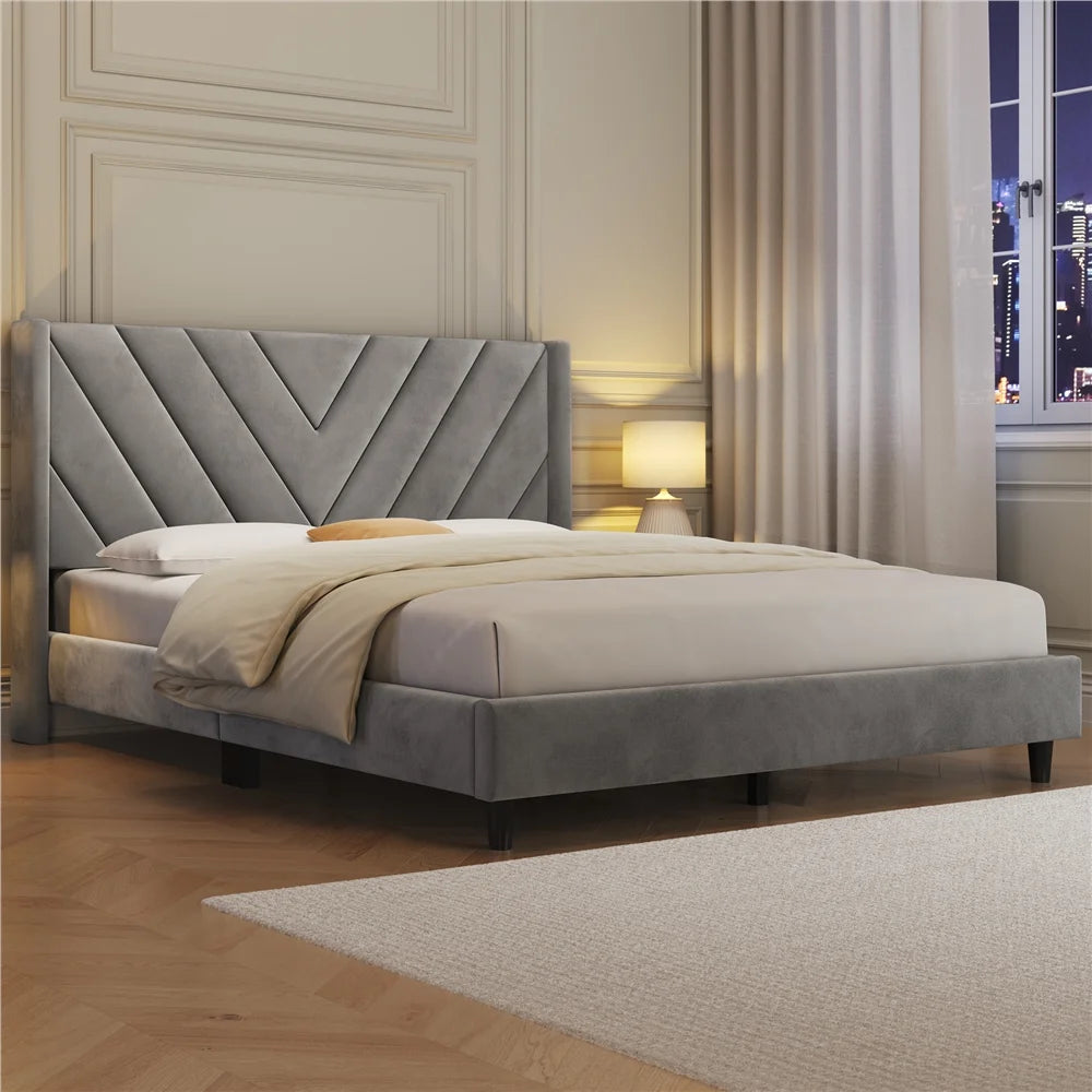 Queen Upholstered Platform Bed with Slat Support I197