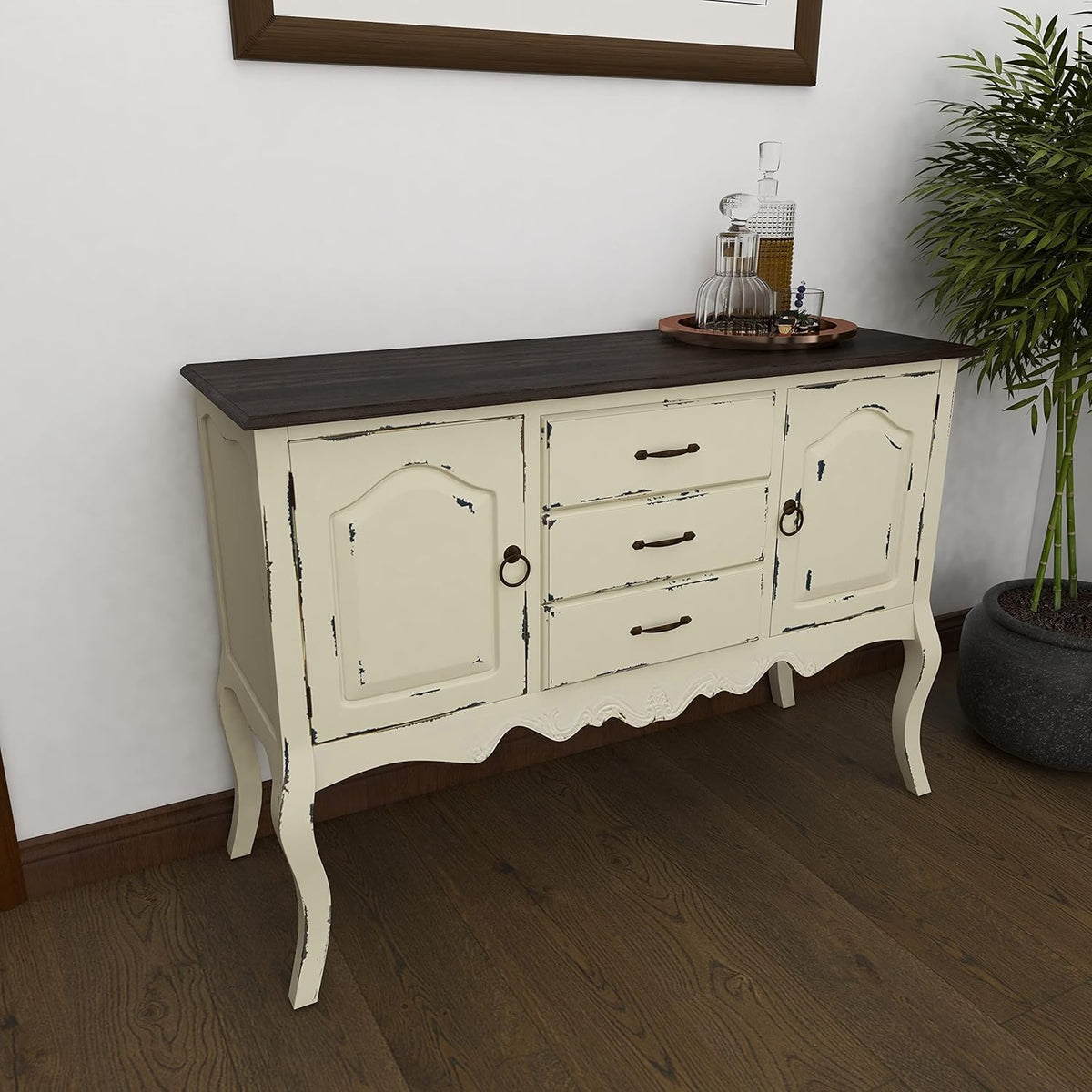 Beige & Brown Wood Cabinet with 3 Drawers and 2 Cabinets N80541