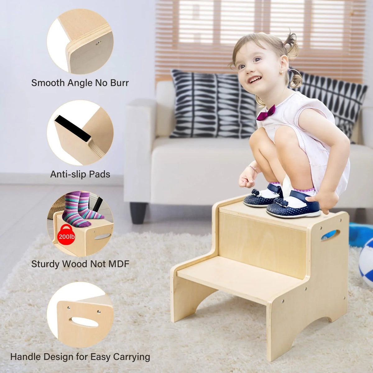 Natural Wooden Two Step Stool with Handles and Non-Slip Pads Q86180