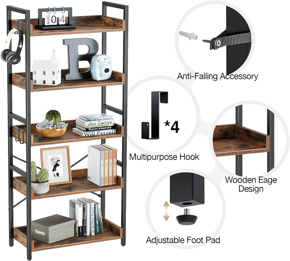 Rustic Brown 6 Tier Wood Bookshelf with 4 Hooks Metal Frame T80000