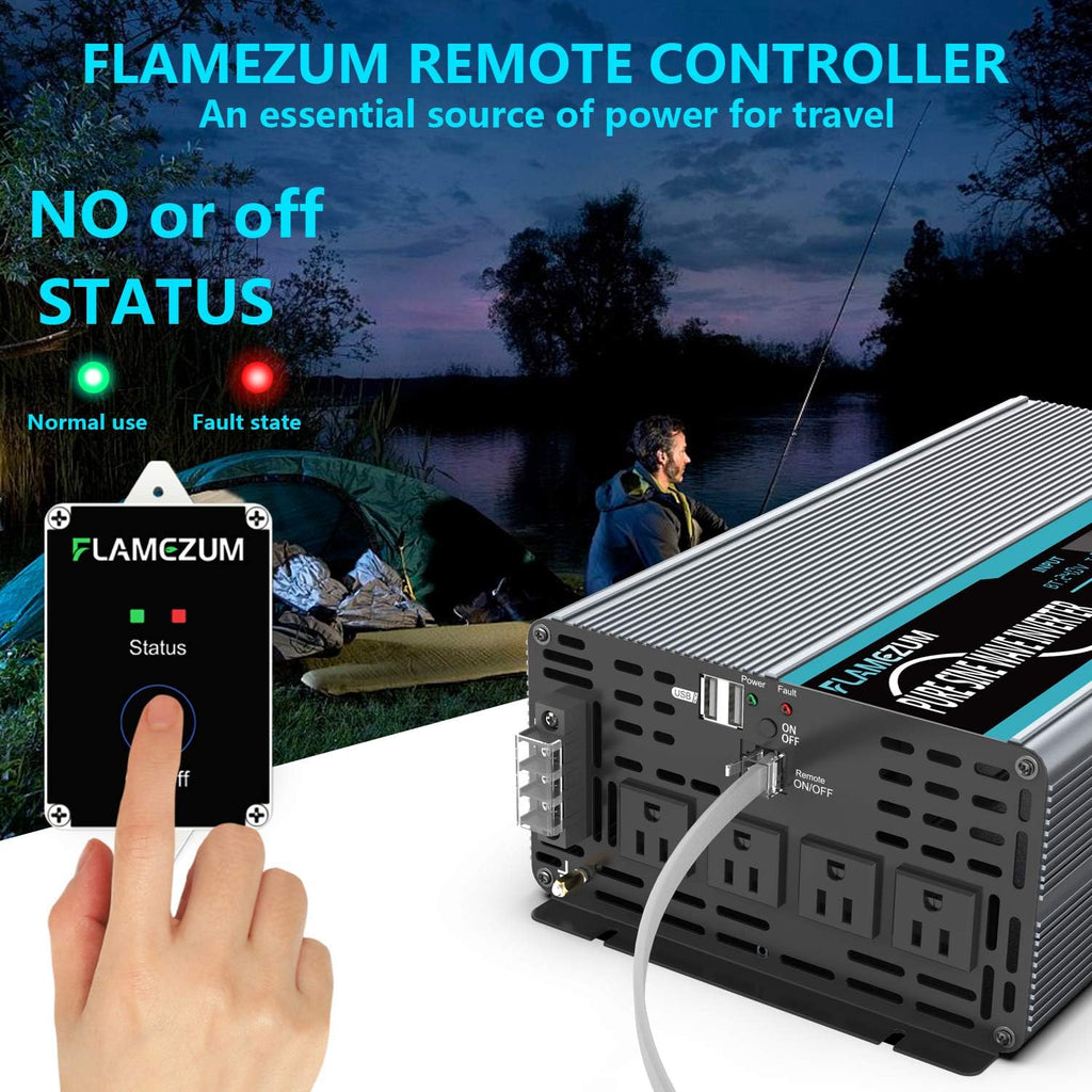 Pure Sine Wave Power Inverter 4000Watt 12V DC to AC 110V with Remote Control 4 AC Outlets Dual USB Port X95567