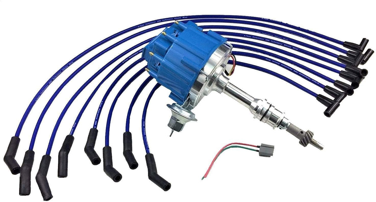 HEI Distributor 65K Volt Blue Cap 8mm Silicone Spark Plug Wires and Pigtail Wiring Harness Kit U791