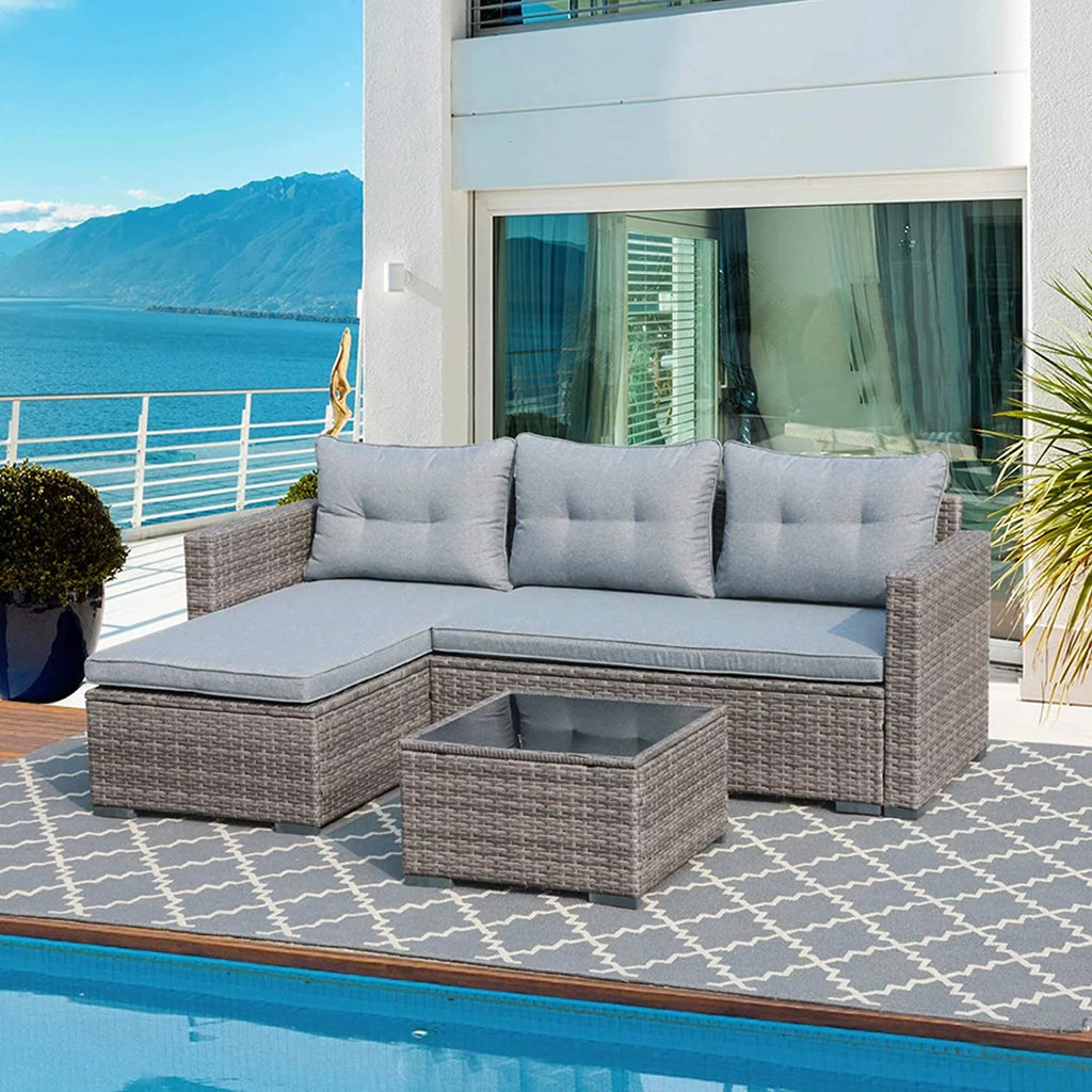 5-Piece Grey Rattan Outdoor Sectional Sofa Set with Glass Coffee Table G8082
