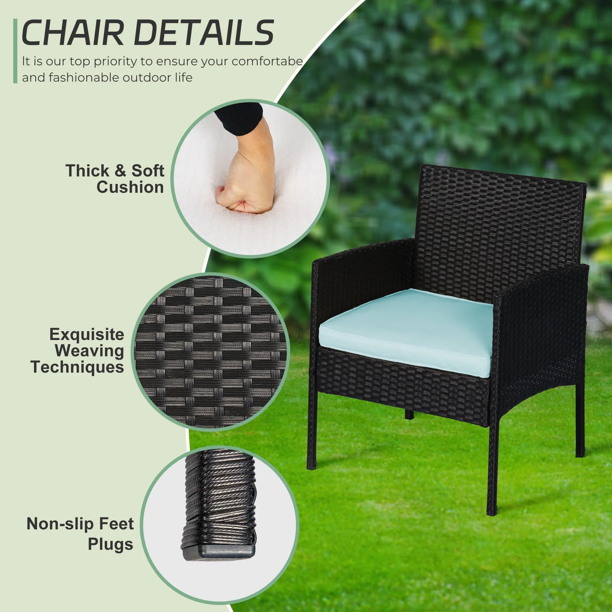 4 Piece Wicker Patio Conversation Set with Glass-Top Coffee Table & Gray Cushions V7590