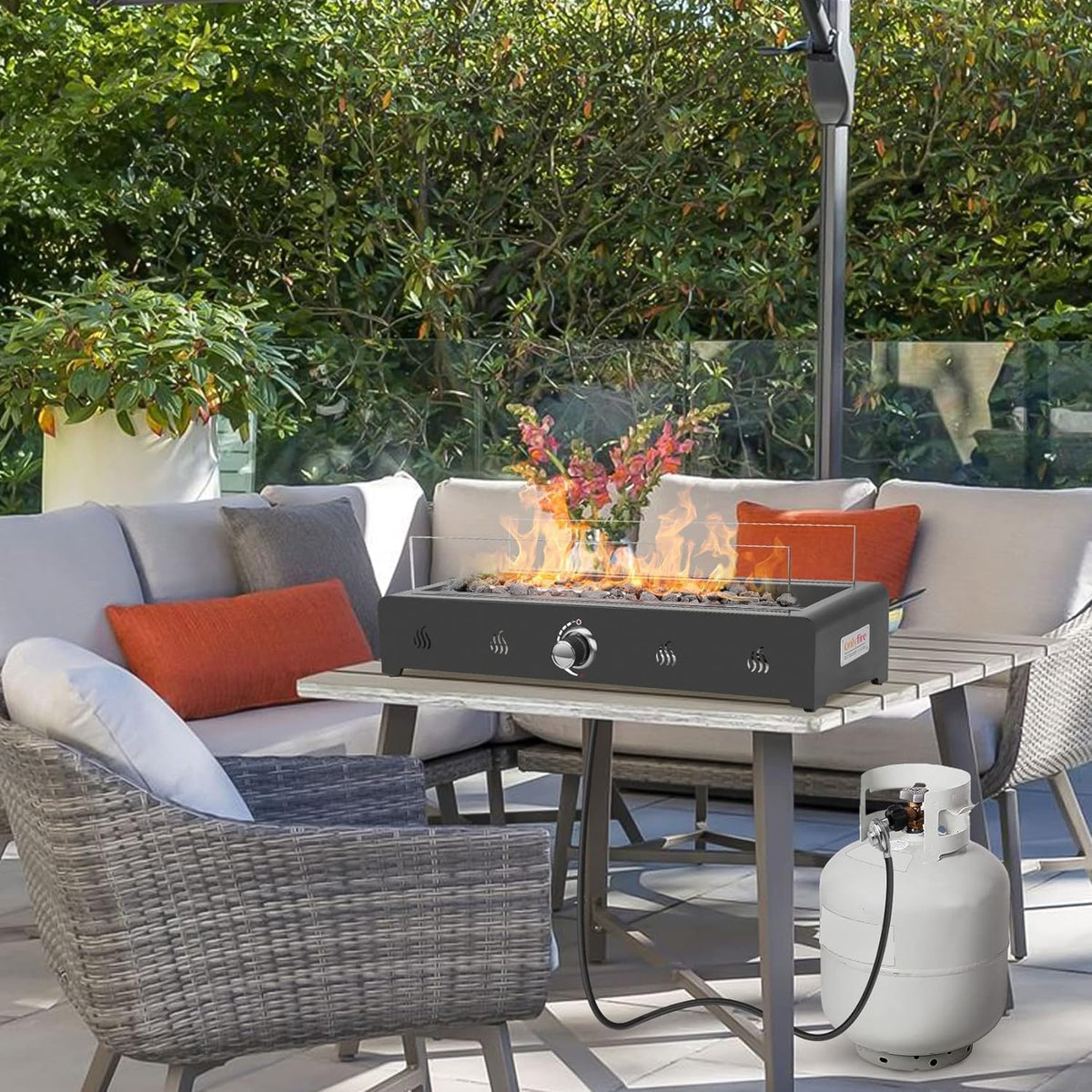 28 Inch Tabletop Gas Fire Pit with Glass Wind Guard and Lava Rock D2745