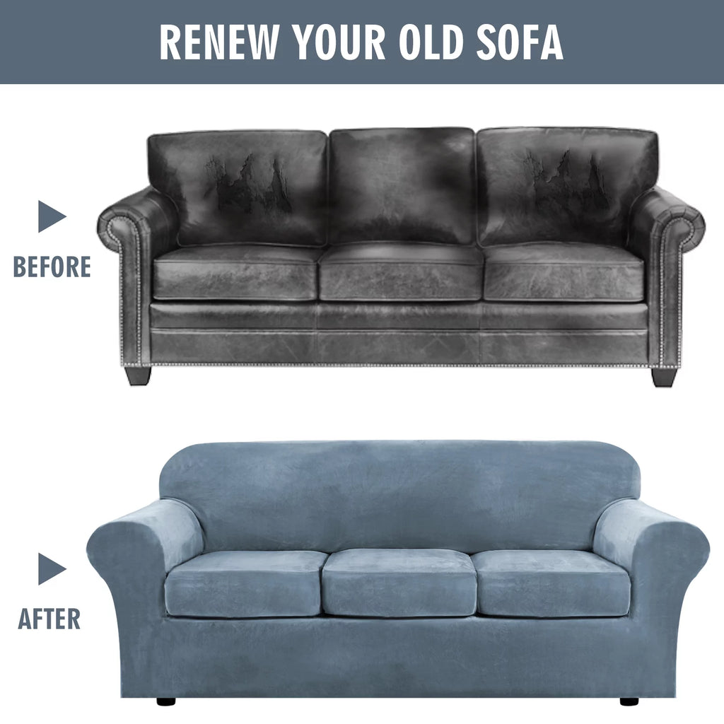 Velvet Plush Sofa Covers Gray Blue 3-Seater N33368