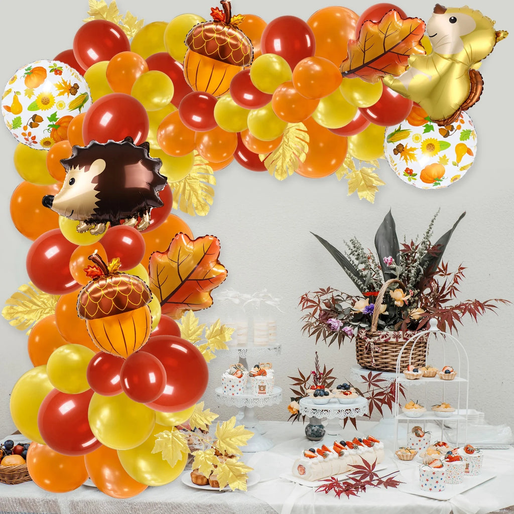 Orange Brown Gold Balloons Arch Garland Kit with Maple Leaves U1286