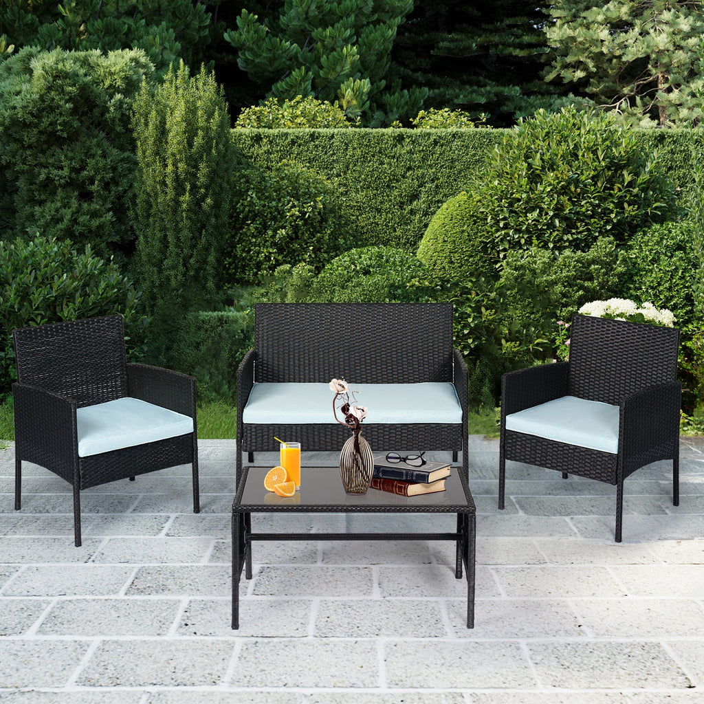 4 Piece Wicker Patio Conversation Set with Glass-Top Coffee Table & Gray Cushions V7590